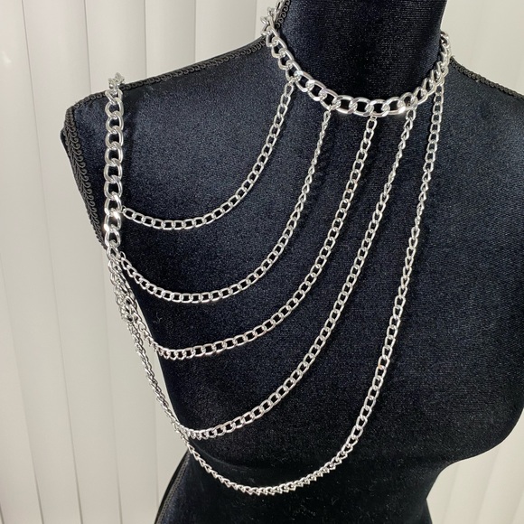 Silver Chain Harness One Arm Chain Necklace Vest Neck Harness - Picture 4 of 10